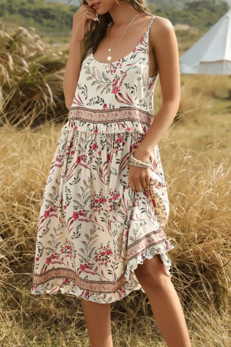 Sweet Bohemian Vacation Print Patchwork Flounce U Neck Printed Dress Dresses