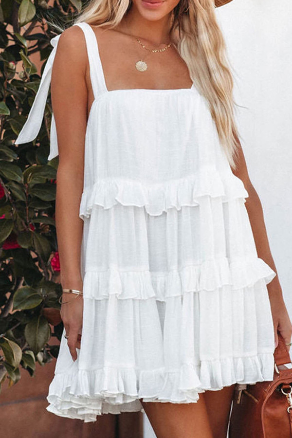 Sexy Simplicity Solid Frenulum Square Collar Cake Skirt Dresses