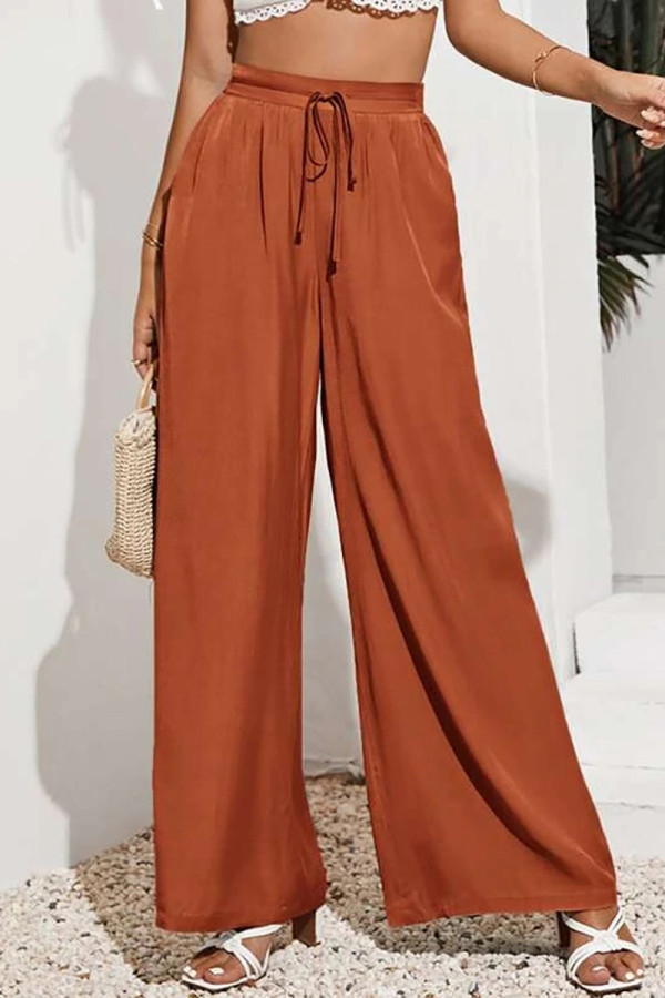 Casual Solid Frenulum Loose High Waist Wide Leg Solid Color Bottoms
