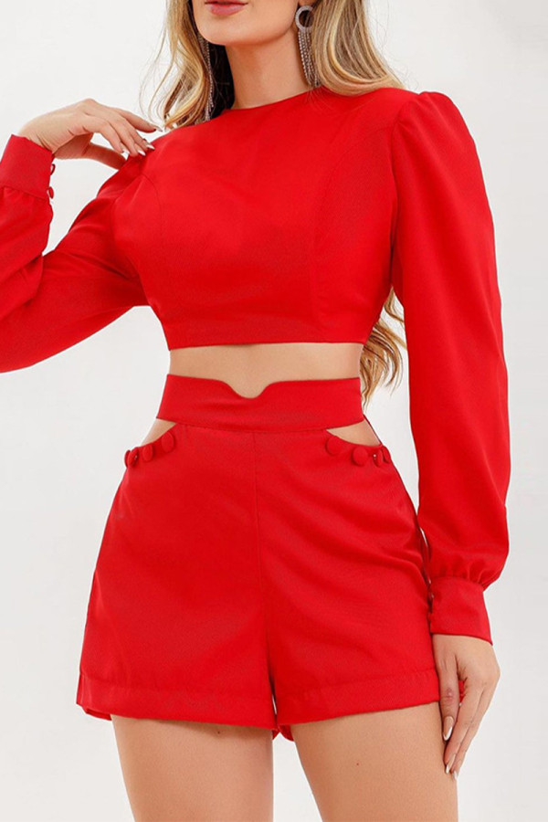 Casual Solid Buttons O Neck Long Sleeve Two Pieces