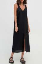 Casual Daily Solid Backless Slit V Neck Sleeveless Dress Dresses