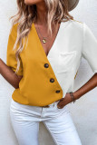 Casual Color Block Buttons Contrast V Neck Tops