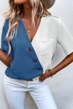 Casual Color Block Buttons Contrast V Neck Tops