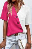 Casual Color Block Buttons Contrast V Neck Tops