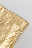 Street Bronzing Fold Regular High Waist Solid Color Bottoms