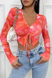 Casual Solid Draw String V Neck Tops