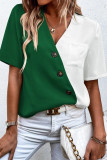 Casual Color Block Buttons Contrast V Neck Tops