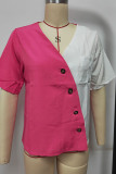 Casual Color Block Buttons Contrast V Neck Tops