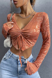 Casual Solid Draw String V Neck Tops