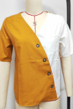 Casual Color Block Buttons Contrast V Neck Tops