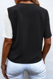 Casual Color Block Buttons Contrast V Neck Tops