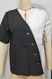 Casual Color Block Buttons Contrast V Neck Tops