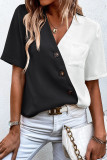 Casual Color Block Buttons Contrast V Neck Tops