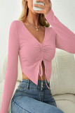 Casual Solid Draw String V Neck Tops