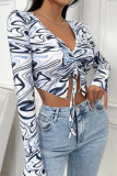 Casual Solid Draw String V Neck Tops