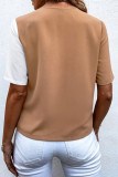Casual Color Block Buttons Contrast V Neck Tops