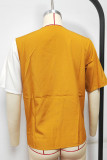 Casual Color Block Buttons Contrast V Neck Tops