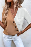 Casual Color Block Buttons Contrast V Neck Tops