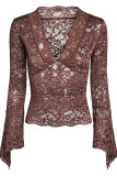Sexy Solid Lace See-through V Neck Tops
