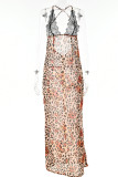 Sexy Print Lace See-through Backless V Neck Printed Dress Dresses