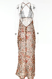 Sexy Print Lace See-through Backless V Neck Printed Dress Dresses
