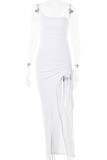 Sexy Solid Draw String Slit One Shoulder Sling Dress Dresses