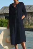 Casual Solid Pocket Buttons O Neck A Line Dresses
