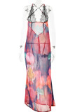 Sexy Print Lace See-through Backless V Neck Printed Dress Dresses