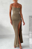 Sexy Solid Draw String Slit One Shoulder Sling Dress Dresses