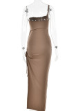 Sexy Solid Draw String Slit One Shoulder Sling Dress Dresses