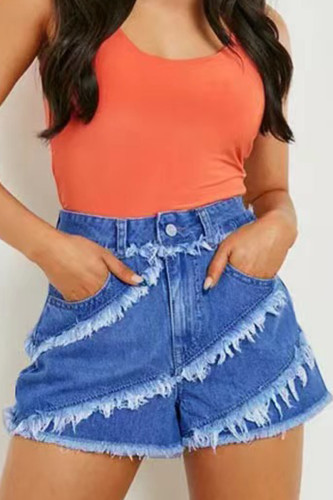 Street Solid Tassel Patchwork Loose Denim Shorts