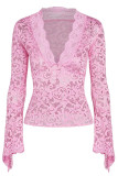 Sexy Solid Lace See-through V Neck Tops
