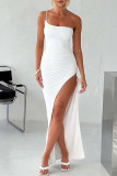 Sexy Solid Draw String Slit One Shoulder Sling Dress Dresses