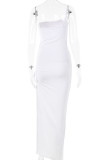 Sexy Solid Draw String Slit One Shoulder Sling Dress Dresses