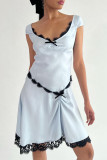 Sexy Solid Lace Patchwork Boat Neck A Line Dresses