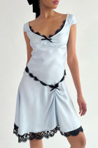 Sexy Solid Lace Patchwork Boat Neck A Line Dresses