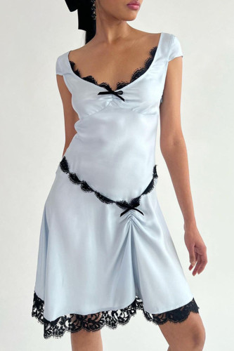 Sexy Solid Lace Patchwork Boat Neck A Line Dresses