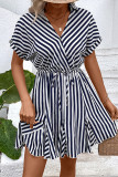 Casual Striped Patchwork Flounce Turndown Collar A Line Dresses