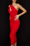 Elegant Solid Fold Oblique Collar One Step Skirt Dresses