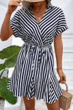 Casual Striped Patchwork Flounce Turndown Collar A Line Dresses
