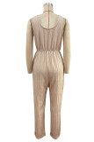 Casual Simplicity Solid Pocket V Neck Loose Jumpsuits