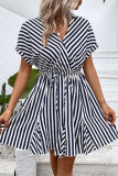 Casual Striped Patchwork Flounce Turndown Collar A Line Dresses