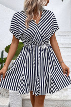 Casual Striped Patchwork Flounce Turndown Collar A Line Dresses