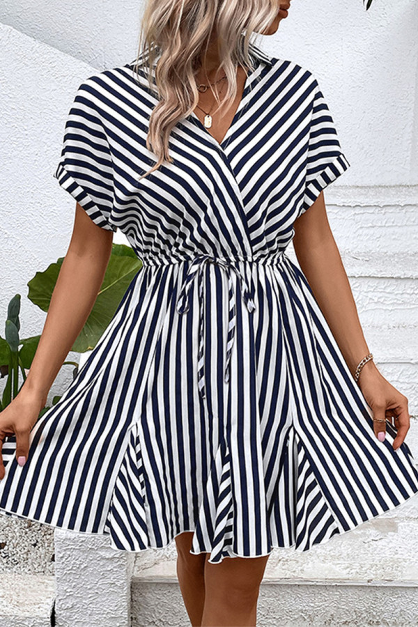 Casual Striped Patchwork Flounce Turndown Collar A Line Dresses