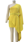 Casual Solid Patchwork With Belt Oblique Collar Irregular Dress Dresses