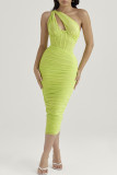 Elegant Solid Fold Oblique Collar One Step Skirt Dresses