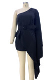 Casual Solid Patchwork With Belt Oblique Collar Irregular Dress Dresses
