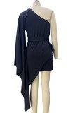 Casual Solid Patchwork With Belt Oblique Collar Irregular Dress Dresses