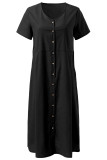 Casual College Solid Pocket Buckle V Neck Short Sleeve Dress Dresses