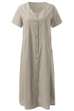 Casual College Solid Pocket Buckle V Neck Short Sleeve Dress Dresses
